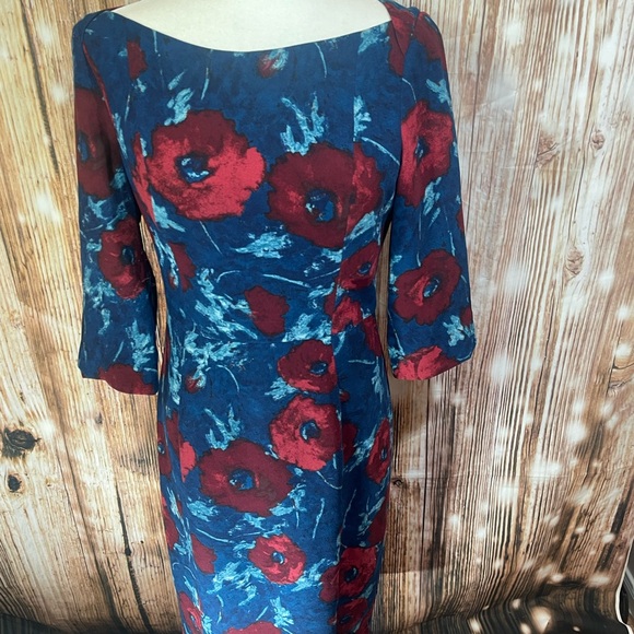 Black Halo Sheath Dress Womens 8 Floral Petrol Blue Red Zipper Side Slit - Picture 3 of 9